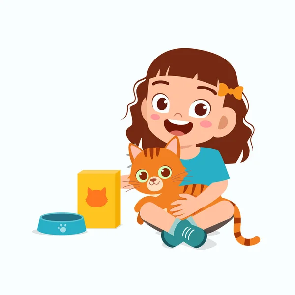 Щаслива Мила Маленька Дівчинка Грає Домашнім Котом — стоковий вектор