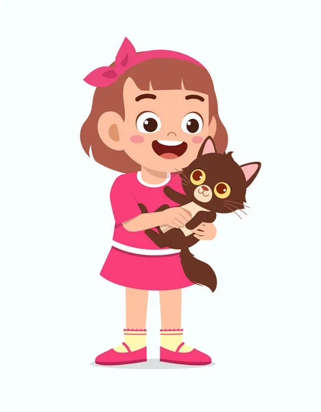 Happy Cute Little Kid Girl Play Pet Cat — Stock Vector