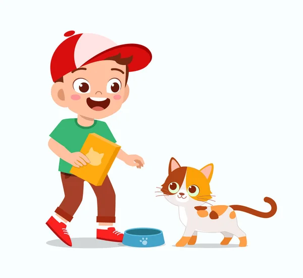 Χαρούμενο Χαριτωμένο Αγοράκι Παίζει Γάτα Κατοικίδιο Ζώο — Διανυσματικό Αρχείο
