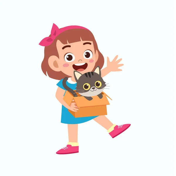 快乐可爱的小女孩和宠物猫玩耍 — 图库矢量图片