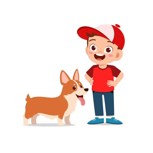 Boldog Aranyos Kisfiú Fiú Lány Játszani Kisállat Kutya — Stock Vector