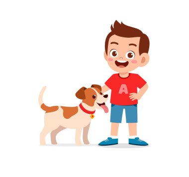 Küçük tatlı bir çocuk ve kız evcil köpekle oynuyorlar.