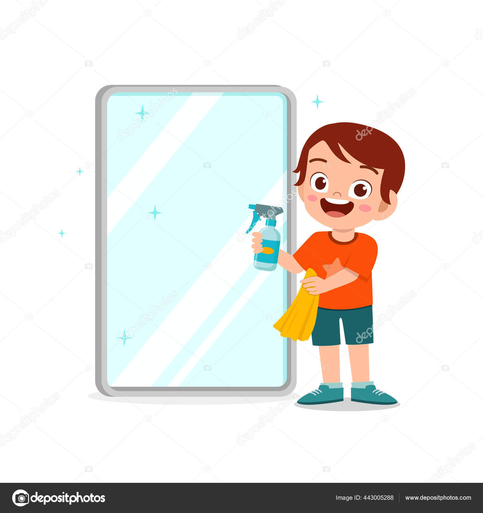 Cute Kid Cleaning Mirror Stock Vector by ©colorfuelstudio 443005288, image size:1600x1700