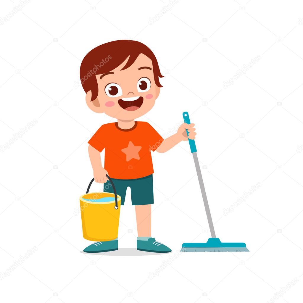cute kid cleaning floor