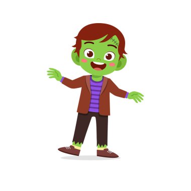 Küçük tatlı çocuk ve kız Cadılar Bayramı 'nı kutluyor. Frankenstein canavar kostümü giyiyor.