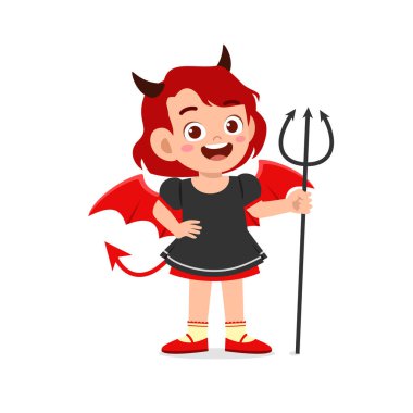 Küçük tatlı çocuk ve kız Cadılar Bayramı 'nı kutlarken kırmızı canavar kostümü giyerler.