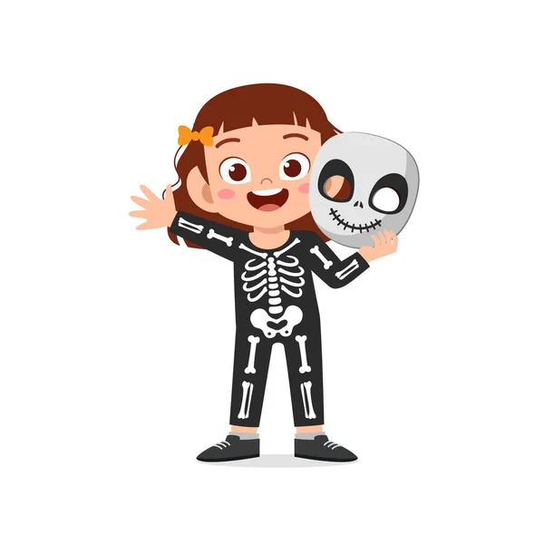 Happy Cute Little Kid Boy Girl Celebrate Halloween Wears Skeleton — Stock Vector