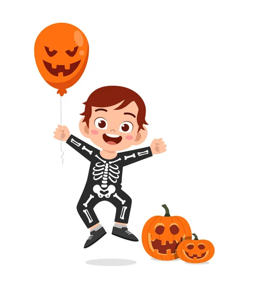 Happy Cute Little Kid Boy Girl Celebrate Halloween Wears Skeleton — Stock Vector