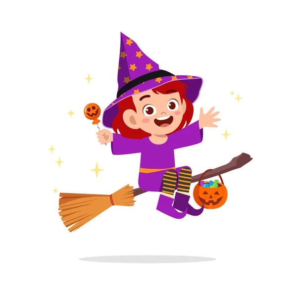 Happy Cute Little Kid Boy Girl Celebrate Halloween Wears Witch — Stock Vector