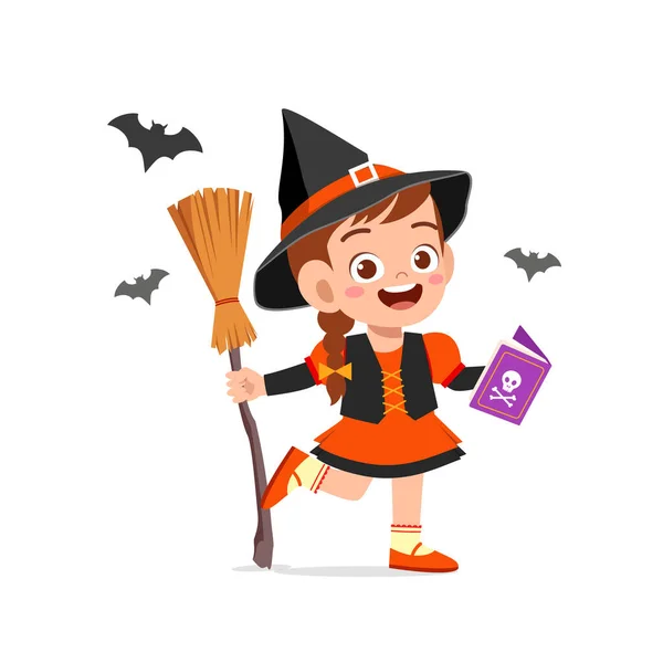 Happy Cute Little Kid Boy Girl Celebrate Halloween Wears Witch — Stock Vector