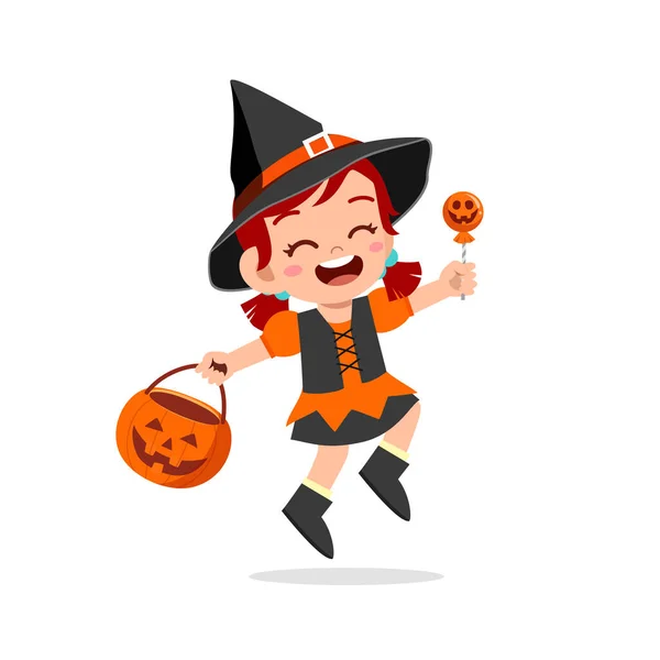 Menino Pequeno Bonito Feliz Menina Comemorar Halloween Usa Traje Bruxa — Vetor de Stock