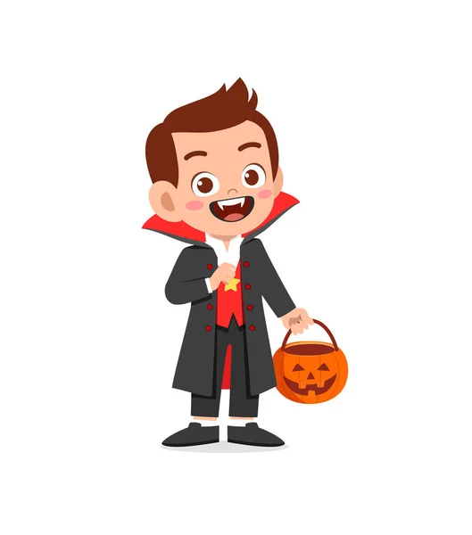 Menino Pequeno Bonito Feliz Menina Comemorar Halloween Usa Traje Vampiro — Vetor de Stock