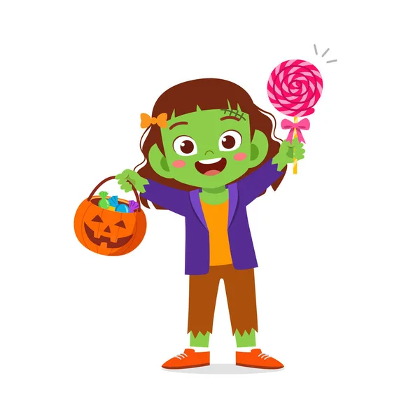 Heureux Mignon Petit Garçon Fille Célébrer Halloween Porte Frankenstein Monstre — Image vectorielle