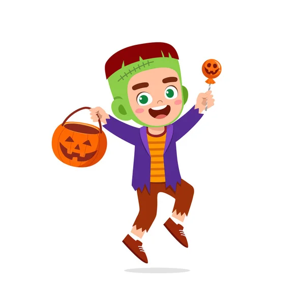 Heureux Mignon Petit Garçon Fille Célébrer Halloween Porte Frankenstein Monstre — Image vectorielle