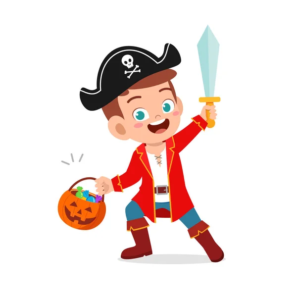 Menino Pequeno Bonito Feliz Menina Comemorar Halloween Usa Traje Pirata —  Vetores de Stock