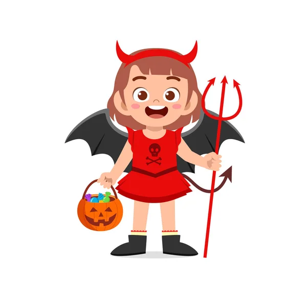 幸せなかわいい男の子と女の子お祝いハロウィンは赤い悪魔モンスターの衣装を着て — ストックベクタ