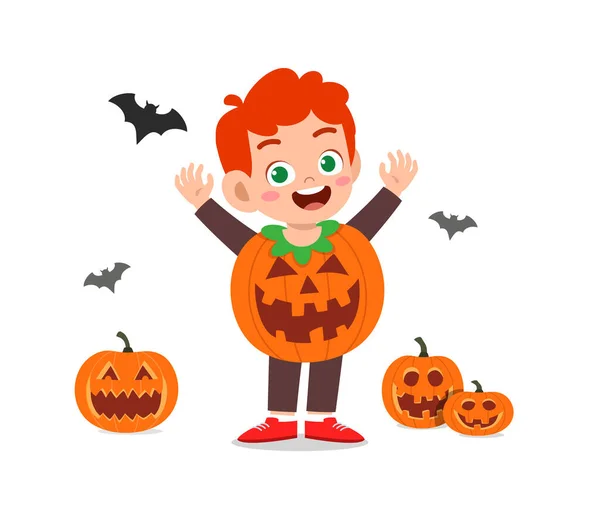 Šťastný Roztomilý Malý Kluk Dívka Slavit Halloween Nosí Dýně Monster — Stockový vektor