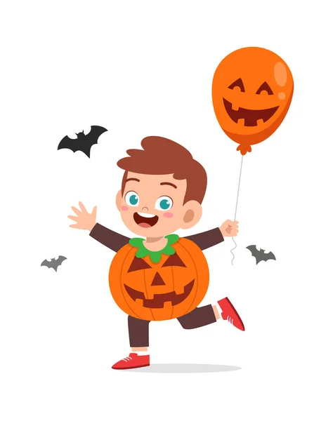 Happy Cute Little Kid Boy Girl Celebrate Halloween Wears Pumpkin — Stock Vector