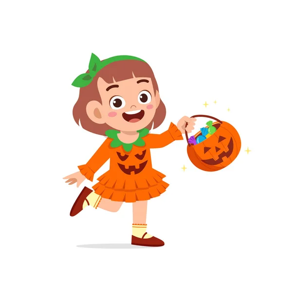 Happy Cute Little Kid Boy Girl Celebrate Halloween Wears Pumpkin — Stock Vector