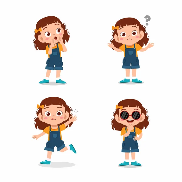 Linda Niña Posar Con Varios Conjunto Expresión — Vector de stock