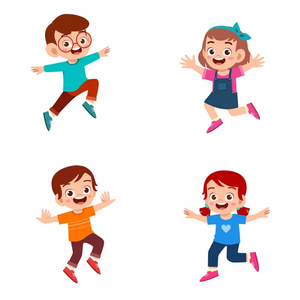 Feliz Niño Lindo Niño Niña Salto Sonrisa Conjunto Paquete Amigo — Vector de stock