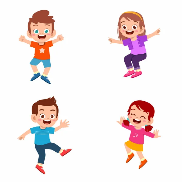 Feliz Niño Lindo Niño Niña Salto Sonrisa Conjunto Paquete Amigo — Vector de stock