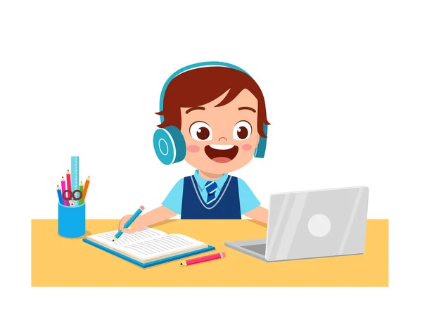 Happy Cute Little Kid Home School Computer Laptop Connect Internet — Stock Vector