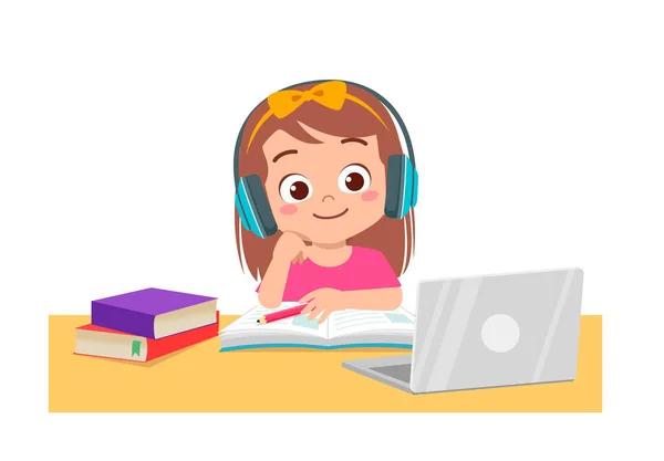 Szczęśliwy Cute Little Kid Domu Szkoły Laptopa Podłączyć Internetu Badania — Wektor stockowy