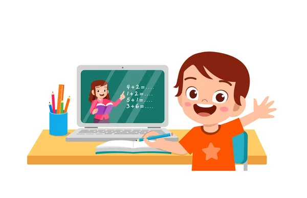 幸せなかわいい子供はコンピュータのラップトップで家庭の学校を行うインターネット学習やコースに接続します Learning Web要素 — ストックベクタ