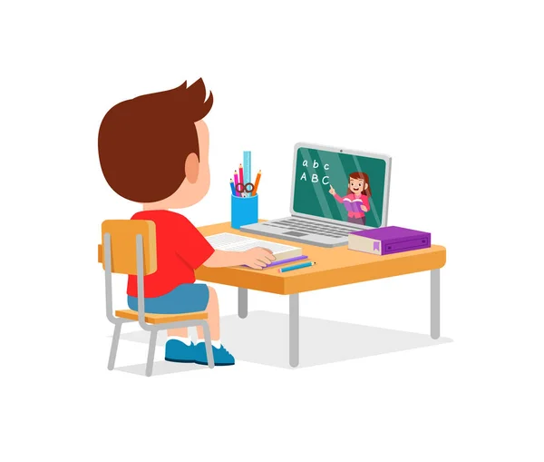 Happy Cute Little Kid Home School Computer Laptop Connect Internet — Stockvektor