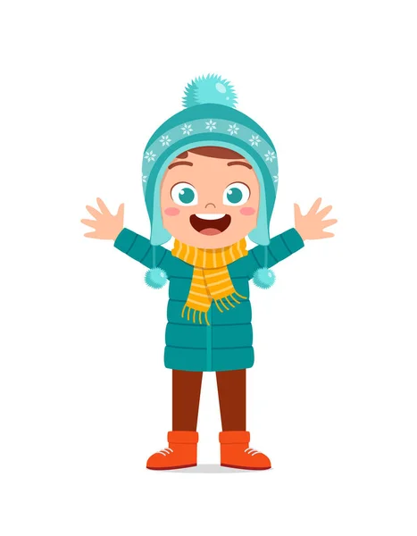 Χαρούμενο Χαριτωμένο Μικρό Παιδί Παίζει Και Φοράει Σακάκι Κατά Χειμερινή — Διανυσματικό Αρχείο