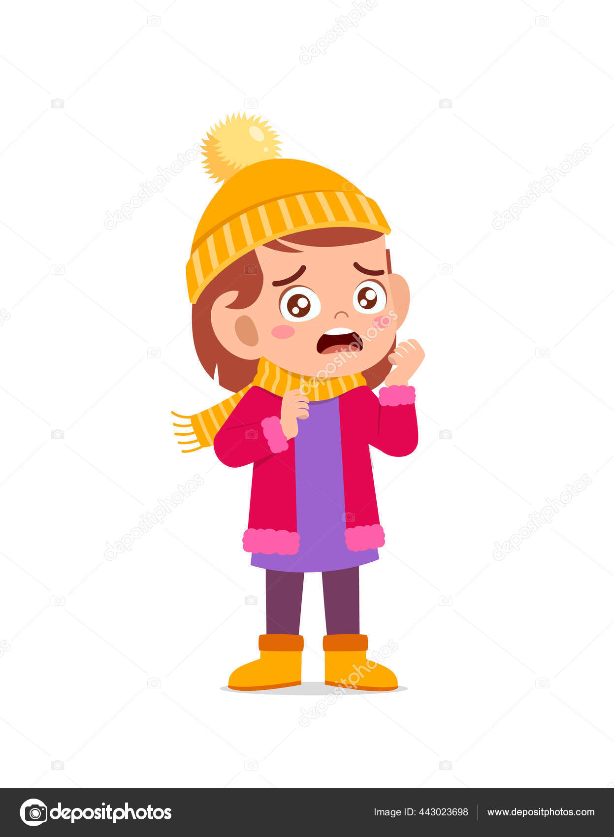 슬프고 귀여운 꼬마가 겨울에는 재킷을 울부짖는 아이의 스톡 벡터 - ©colorfuelstudio 443023698, image size:1247x1700