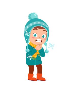 happy cute little kid play and wear jacket in winter season. child feeling chill wearing warm clothes clipart