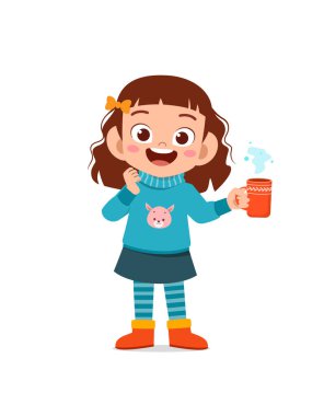 happy cute little kid drink hot chocolate in winter season. child drink milk wearing warm clothes clipart