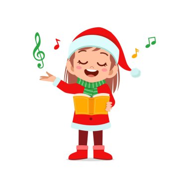 Kırmızı Noel kostümü giyip şarkı söyleyen küçük tatlı bir kız ve erkek çocuk.