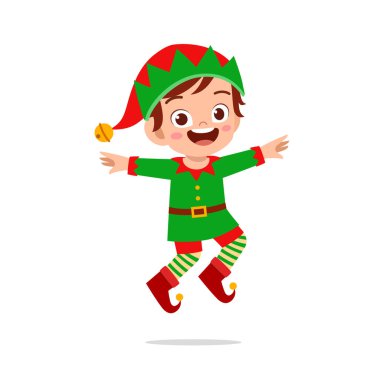 Mutlu küçük çocuk ve kız yeşil elf Noel kostümü giyiyorlar.