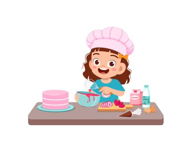 happy cute little kid boy and girl wear chef uniform and cooking a birthday cake clipart
