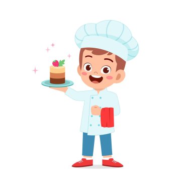 Küçük tatlı bir çocuk ve kız şef üniforması giyer ve doğum günü pastası pişirir.