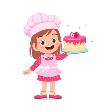 Küçük tatlı bir çocuk ve kız şef üniforması giyer ve doğum günü pastası pişirir.