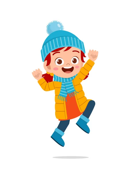 Χαρούμενο Χαριτωμένο Μικρό Παιδί Παίζει Και Φοράει Σακάκι Κατά Χειμερινή — Διανυσματικό Αρχείο