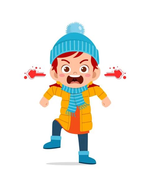 喜怒无常的可爱小孩儿在冬天尖叫着穿外套 孩子们穿着暖和的衣服大喊 — 图库矢量图片