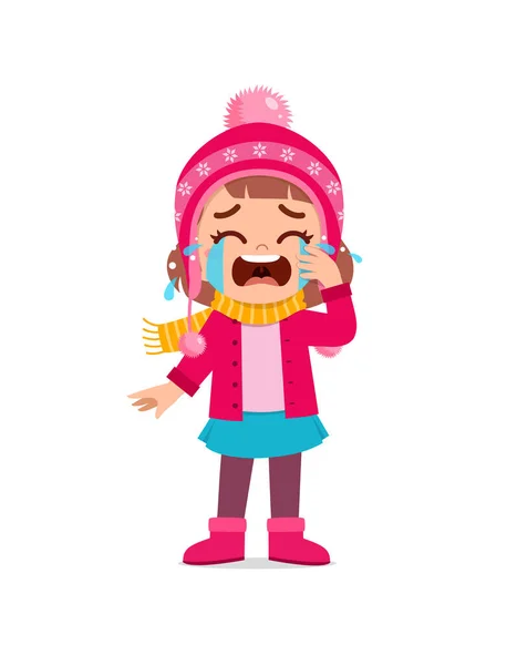 Грустный Милый Маленький Ребенок Плачет Носить Куртку Зимний Сезон Плачущий — стоковый вектор