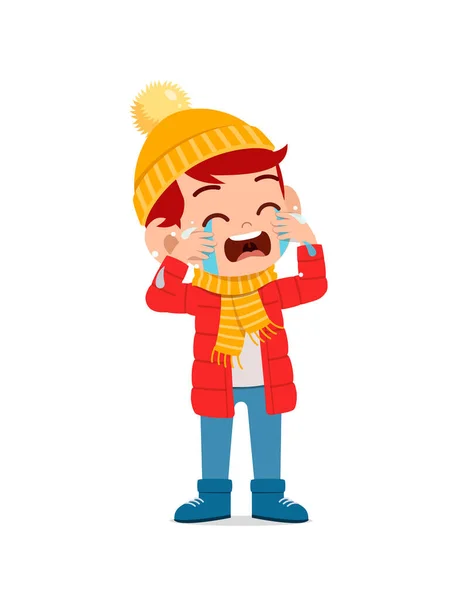 Triste Lindo Niño Lloran Usan Chaqueta Temporada Invierno Niño Gritar — Vector de stock