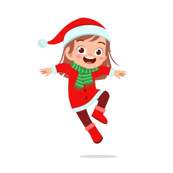 Kırmızı Noel Kostümü Giyip Atlayan Küçük Tatlı Bir Kız Oğlan — Stok Vektör
