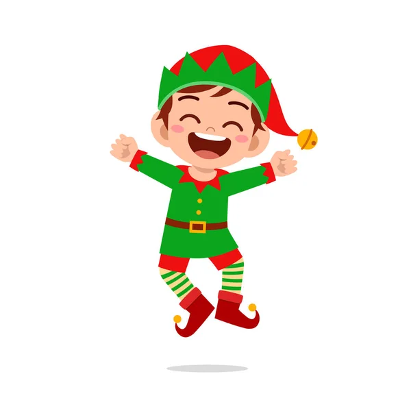 Счастливый Милый Маленький Мальчик Девочка Зеленом Костюме Эльфа Рождества — стоковый вектор