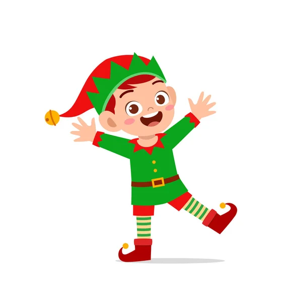 Mutlu Küçük Çocuk Kız Yeşil Elf Noel Kostümü Giyiyorlar — Stok Vektör