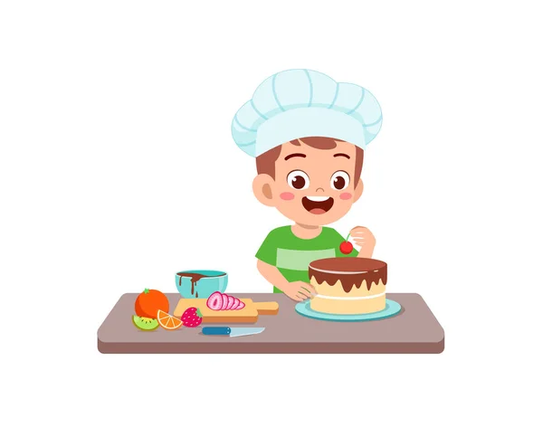 Feliz Lindo Niño Niña Usan Uniforme Chef Cocinar Pastel Cumpleaños — Vector de stock