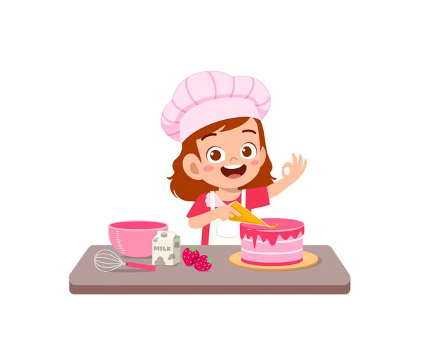 Menino Pequeno Bonito Feliz Menina Usar Uniforme Chef Cozinhar Bolo — Vetor de Stock