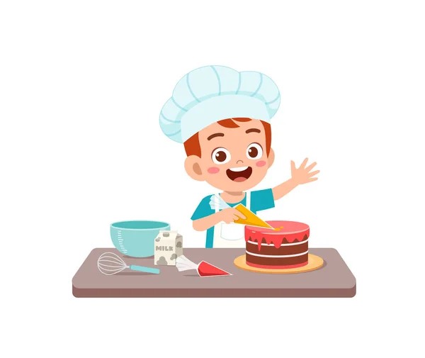 Menino Pequeno Bonito Feliz Menina Usar Uniforme Chef Cozinhar Bolo — Vetor de Stock