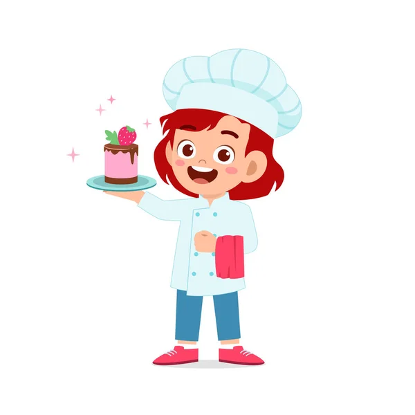 Heureux Mignon Petit Garçon Fille Porter Uniforme Chef Cuisine Gâteau — Image vectorielle